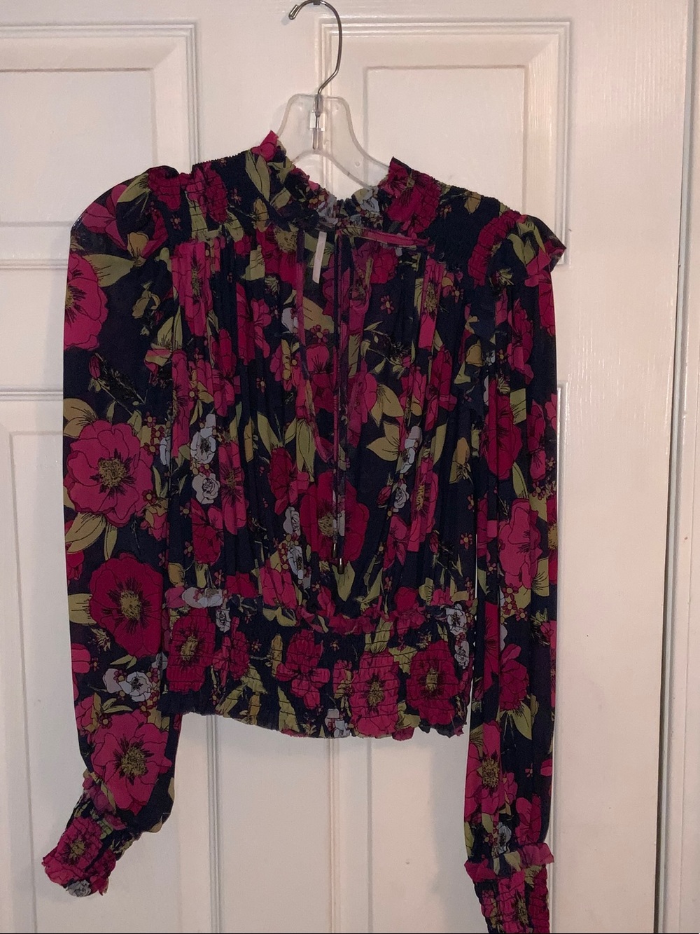 Free People Dark Navy Deep V Blouse with Pink and Green Floral Print